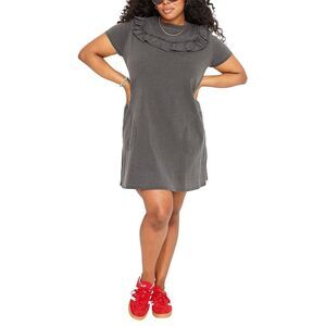 Midi Ruffle-Neck T-Shirt Dress in Charcoal